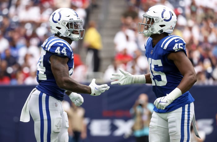 Sep 11, 2022; Houston, Texas, USA; Indianapolis Colts linebacker Zaire Franklin (44) and linebacker E.J. Speed (45) react after a play during the game against the Houston Texans at NRG Stadium.